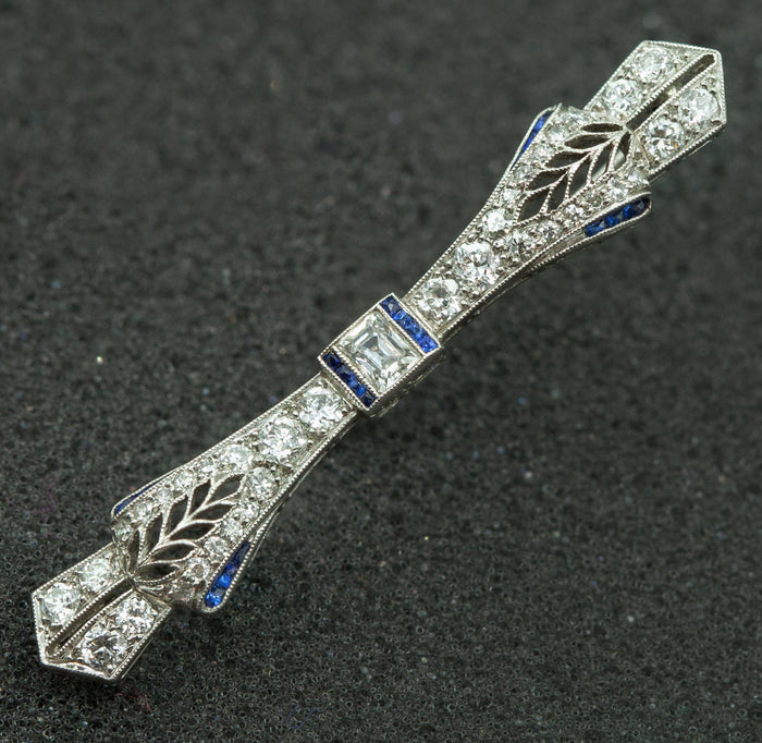 Art Deco Platinum Bow Brooch With Diamonds & Sapphires