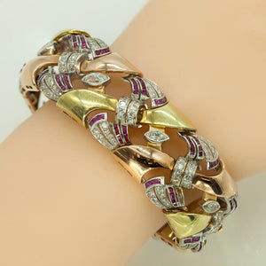 Retro 14K Tri-Color Gold Wire Bracelet with Diamonds & Rubies (6719998394525)