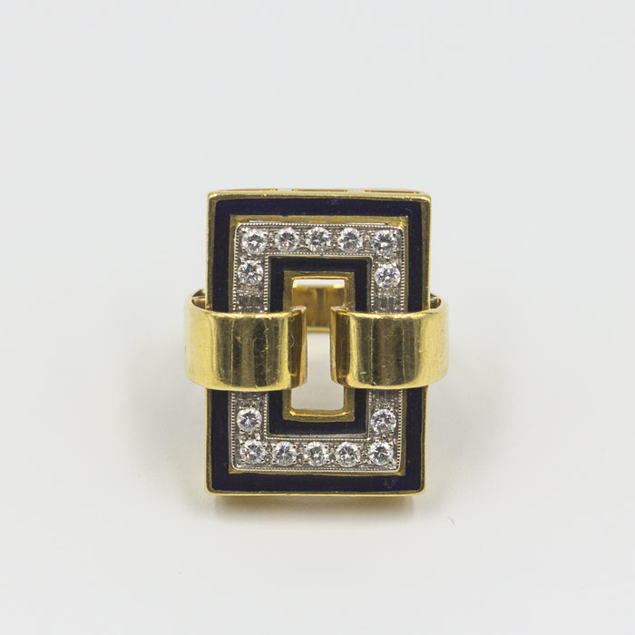 Modern 18K Gold Ring with Black Enamel and Diamonds