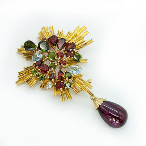 1960s H. Stern 18K Yellow gold 2-pin Brooch with Gems and Rubellite Drop (6720047480989)