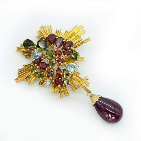 1960s H. Stern 18K Yellow gold 2-pin Brooch with Gems and Rubellite Drop