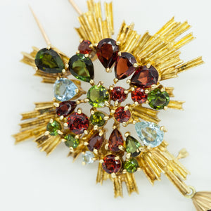 1960s H. Stern 18K Yellow gold 2-pin Brooch with Gems and Rubellite Drop (6720047480989)