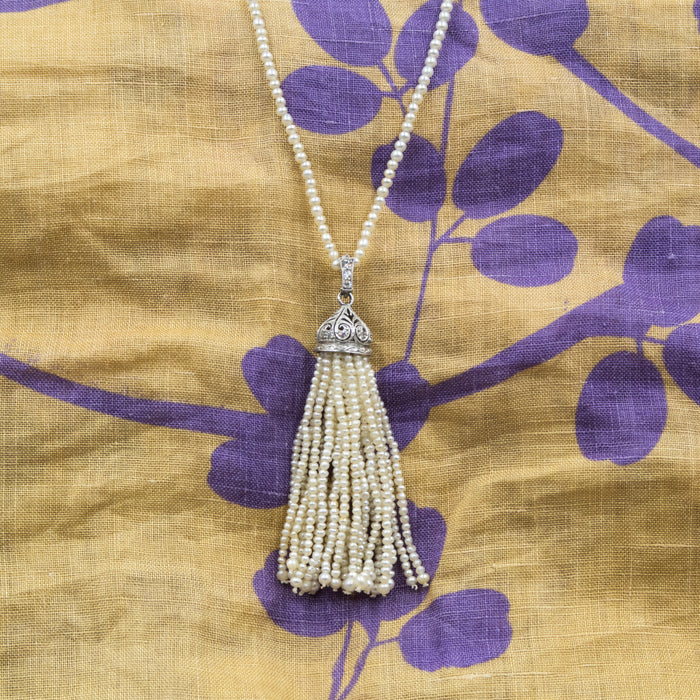 Edwardian Pearl Necklace with Platinum and Diamond Tassel