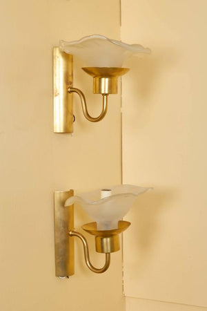 Hollywood Regency 'Moonflower' Satin Glass and Brass Sconces, Pair (6719698665629)