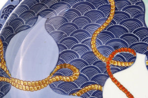Japanese Nabashima Porcelain Blue Plate with Three Sake Bottle Motif Detail (6719909134493)