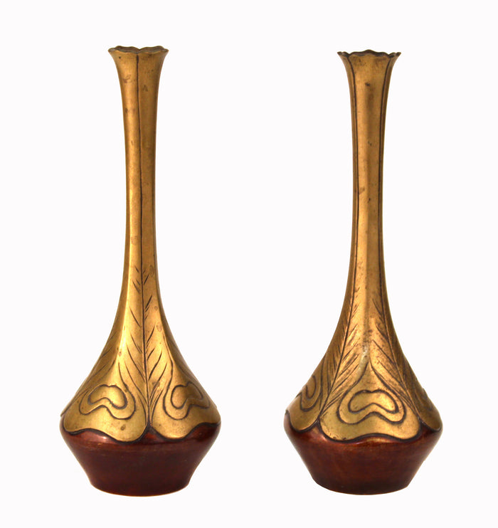 Japanese Art Nouveau Bronze Vases With Peacock Feather Design