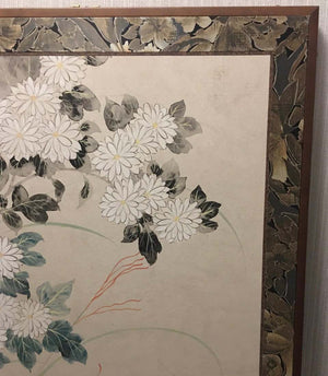 Japanese Two-Panel Folding Screen with Chrysanthemums and Morning Glories