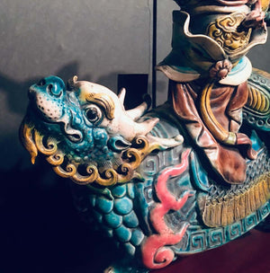 Chinese Early 20th C. Glazed Porcelain Roof Tile of a Warrior on a Dragon Turtle (6720005603485)
