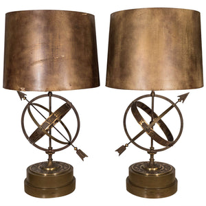 Hollywood Regency Bronze Astrological Armillary Table Lamps (6719805391005)