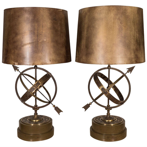 Hollywood Regency Bronze Astrological Armillary Table Lamps