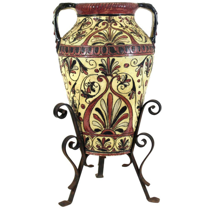 Italian Neoclassical Revival Sgraffito Pink and Cream Urn on Wrought Iron Base