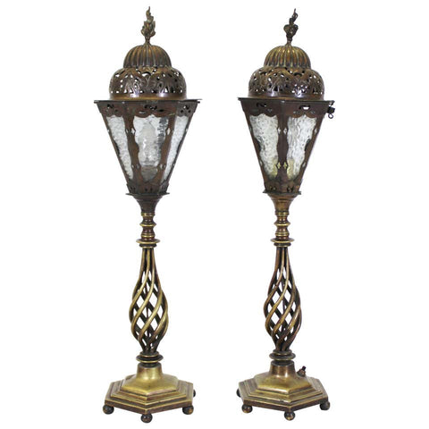 Italian Renaissance Revival Table Lamps In Brass Repousse & Cast Bronze