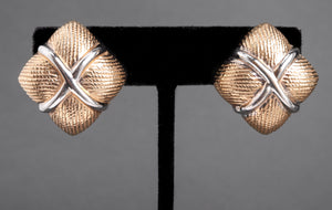 14K Yellow & White Gold "X" Square Earrings (7265985298589)