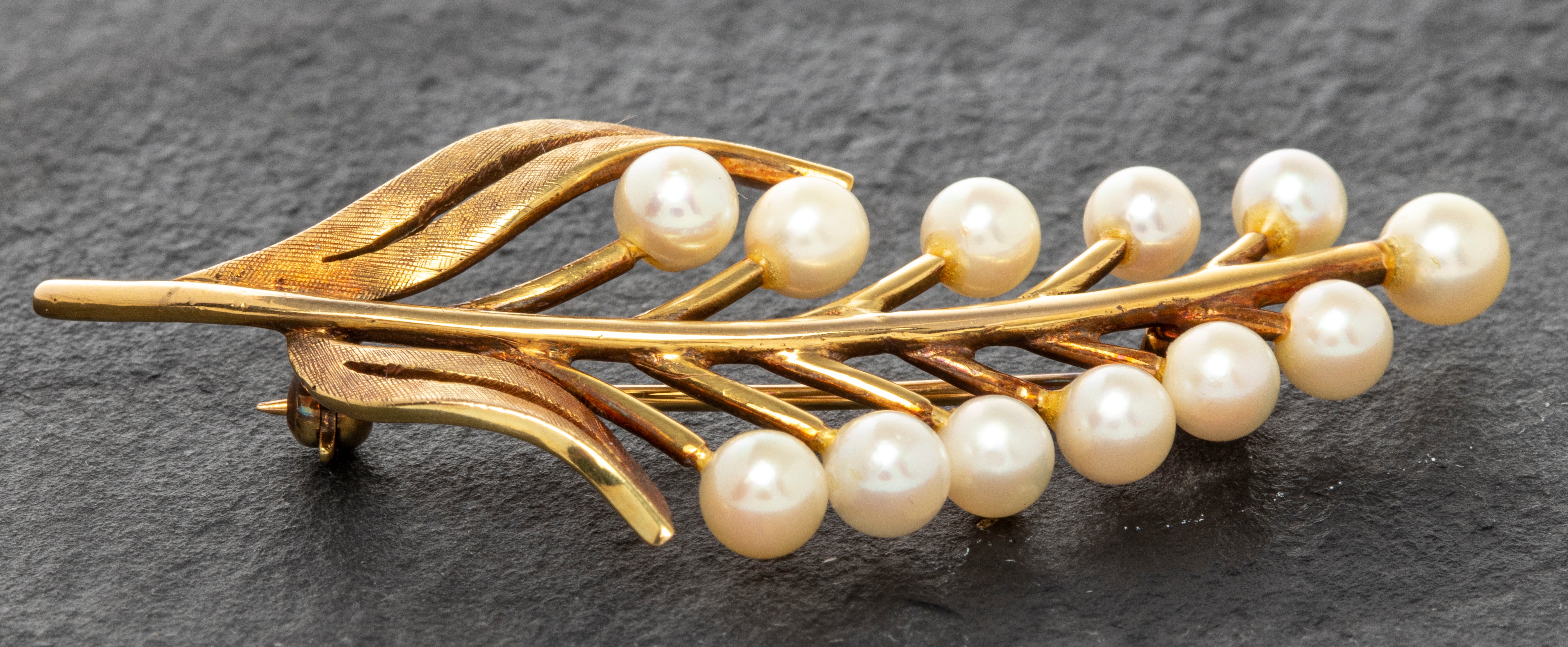 Vintage Pearl Grape Bunch Brooch Pin 14K Yellow Gold