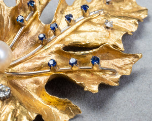 18K Yellow Gold Pearl Diamond & Sapphire Brooch (7266005319837)