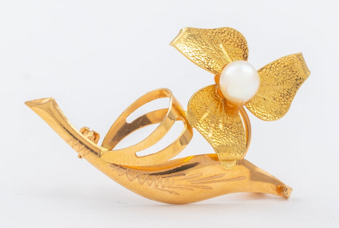 Vintage 18K Rose & Yellow Gold Flower Pearl Brooch