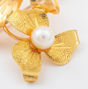 Vintage 18K Rose & Yellow Gold Flower Pearl Brooch (7461421449373)