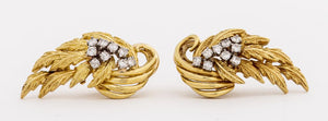 Vintage 18K Yellow Gold Diamond Feather Earrings (7254581215389)