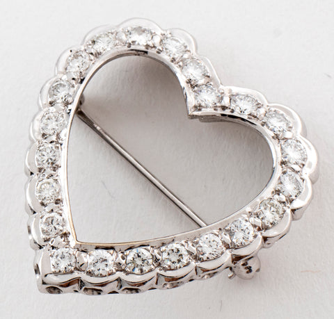 Modern Palladium Diamond Heart Brooch / Pin