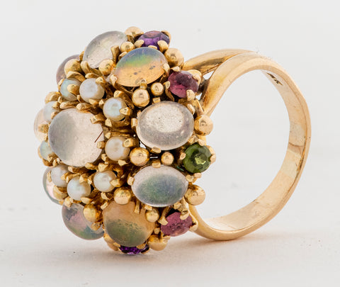 1960's 14K Yellow Gold Opal & Seed Pearl Dome Ring