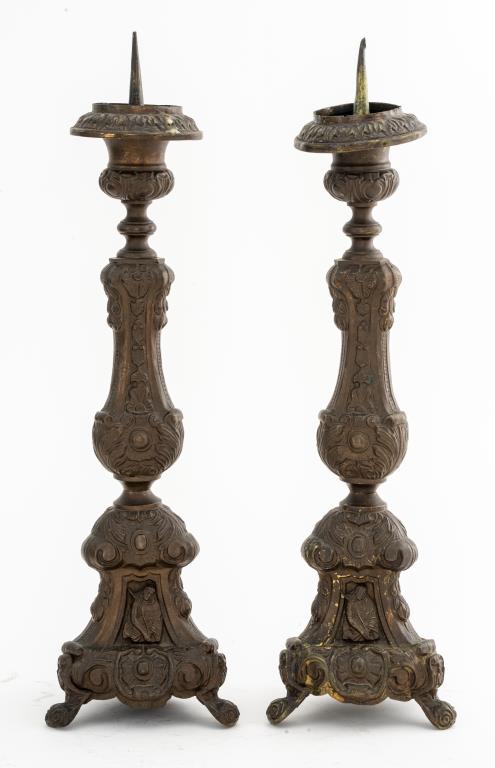 Pair of Baroque Revival Repousse Brass Candle Pricks