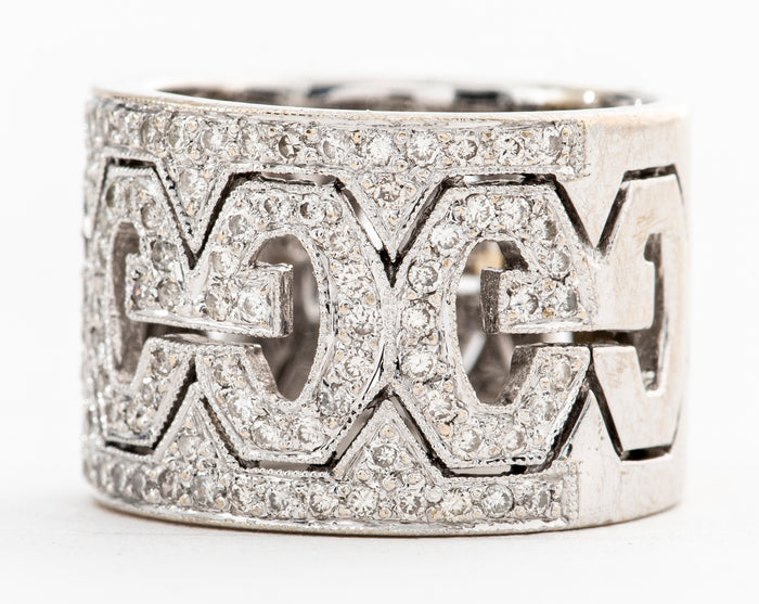 Gucci Style 18K Gold Wide Diamond Filigree Ring