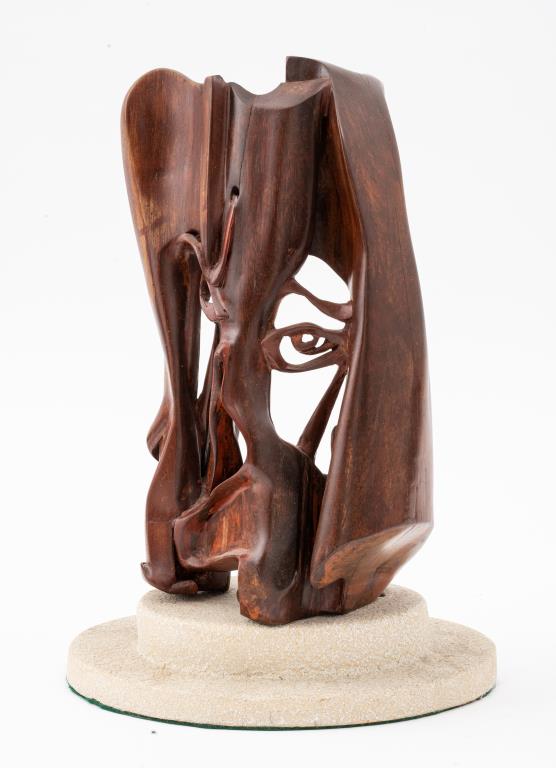 Modern Wood Carved Sculpture Depicting Face in Abstract Shapes – Showplace
