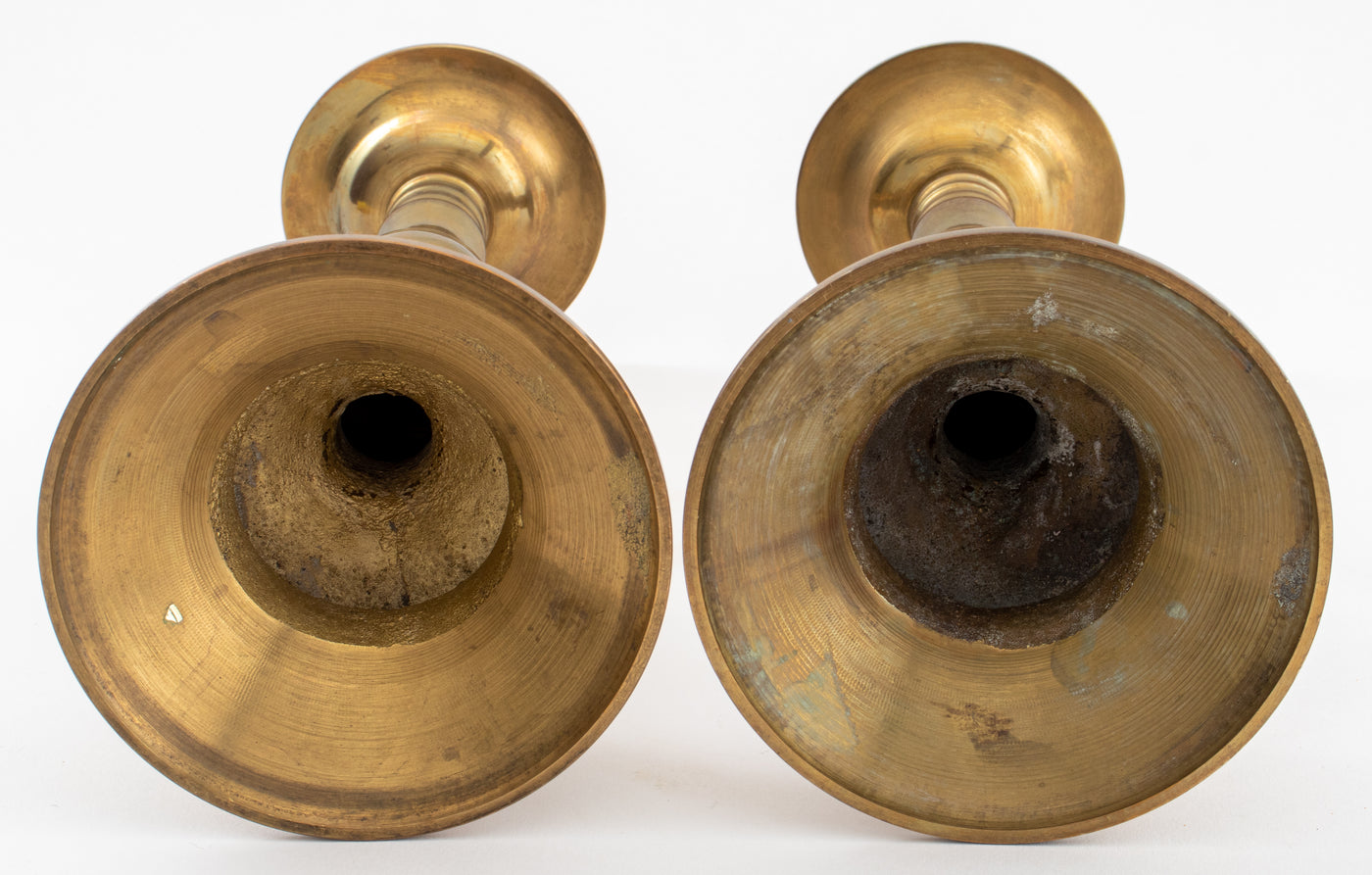 A pair of Baroque baluster brass pricket candlesticks, Flemish, 17thC, H 27  cm