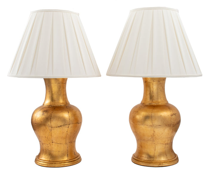 Large Modern Gold-Tone Table Lamps, Pair