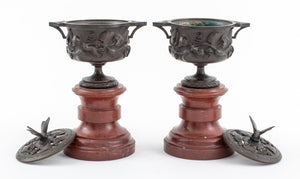 Neoclassical Bronze Covered Urns on Marble, Pair (8046874591539)