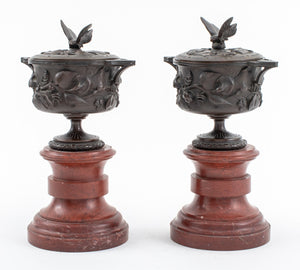 Neoclassical Bronze Covered Urns on Marble, Pair (8046874591539)
