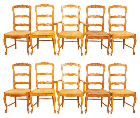 French Provincial Style Oak Dining Chairs, Set of  10