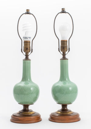 Chinese Celadon Bottle Vases Mounted Lamps, Pair (8070635225395)
