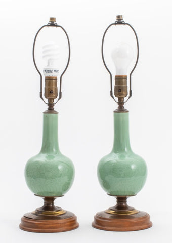 Chinese Celadon Bottle Vases Mounted Lamps, Pair