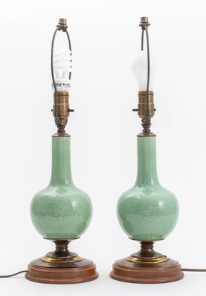Chinese Celadon Bottle Vases Mounted Lamps, Pair (8070635225395)