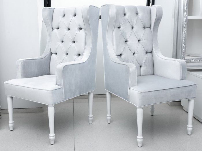 Hollywood Regency Platinum Velvet Wing Chairs, Pair