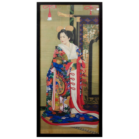 Meiji Period Japanese Imperial Painting on Silk with Elaborately Dressed Woman