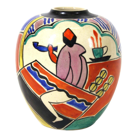 Japanese Art Deco Painted Ceramic Vase