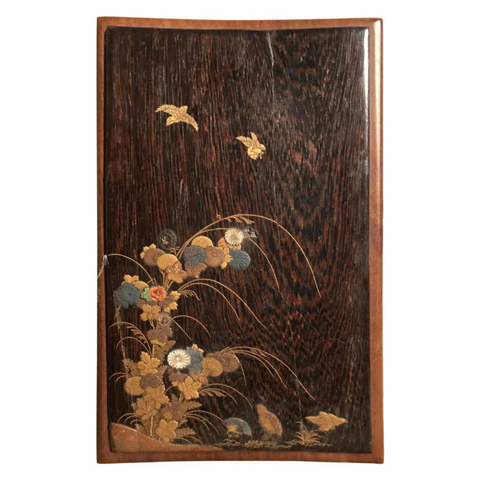 Japanese Edo Period Lacquer Panel with Gold, Mother of Pearl and Coral Inlay