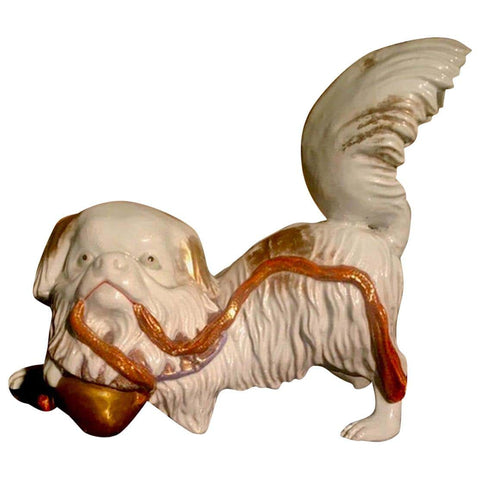 Japanese Kutani Porcelain Pekinese Dog Playing with Shinto Shrine Bell