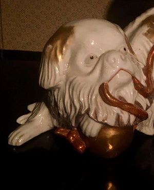 Japanese Kutani Porcelain Pekinese Dog Playing with Shinto Shrine Bell (6720025919645)