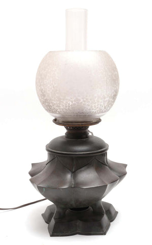 Japanese Meiji Bronze Lotus Electrified Oil Table Lamp front (6719976571037)
