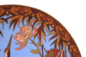 Japanese Meiji Cloisonne Enamel Plate with Cranes and Chrysanthemum Pattern