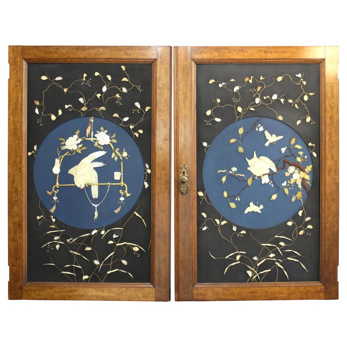 Japanese Meiji Door Carvings Featuring Owl and Parrot in Mother of Pearl & Bones