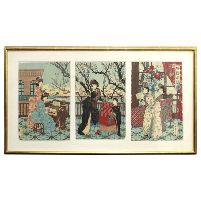 Japanese Meiji Toyohana Chikanobu Woodblock Print Triptych from Plum Garden Set