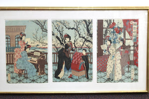 Japanese Meiji Toyohana Chikanobu Woodblock Print Triptych from Plum Garden Set far (6719934365853)