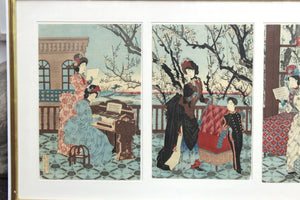 Japanese Meiji Toyohana Chikanobu Woodblock Print Triptych from Plum Garden Set side  (6719934365853)
