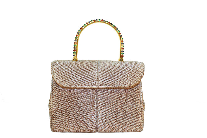 Judith Leiber Taupe Reptile Pattern Handbag with Green, Blue, and Red Jeweled Handle.