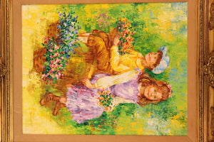 Karin Schaefers Signed Painting Titled 'Children Holding Flowers in a Field detail (6719823872157)