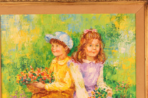 Karin Schaefers Signed Painting Titled 'Children Holding Flowers in a Field detal (6719823872157)